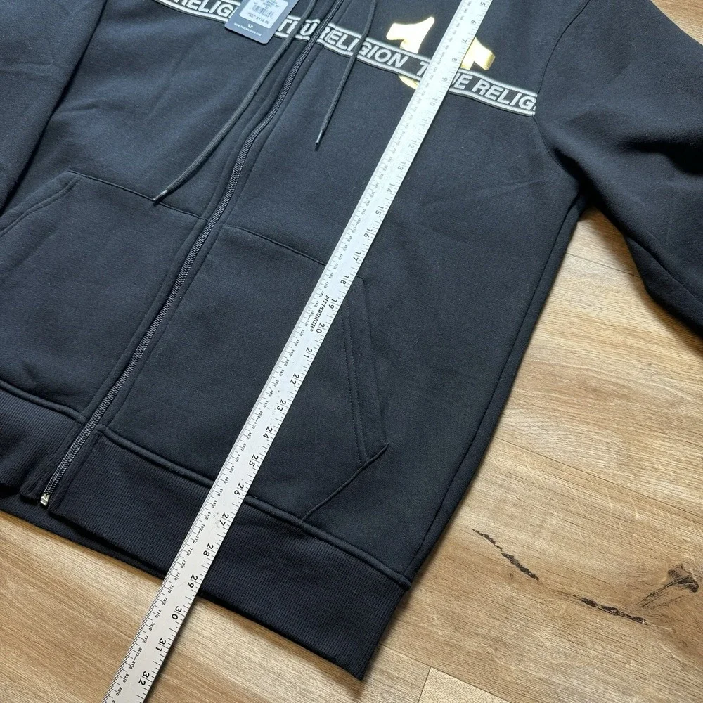 True Religion Full Zip Hoodie Mens XL Jet Black Foil Taping Gold Logo 700315 New